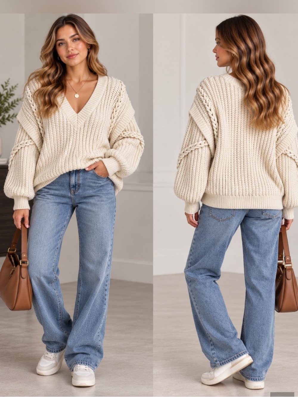 B.Young BYOMEGA Sweater in Marshmellow Chunky Knit V-neck NWT M